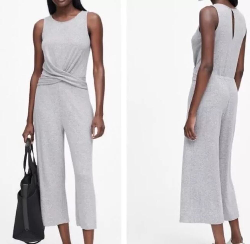 Banana Republic Gray Jumpsuit Womens Small Tall Luxespin Knit Twist Front Crop